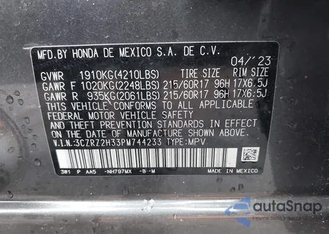 2023 Honda Hr-V Awd Lx из США, поврежденный, VIN 3CZRZ2H33PM744233